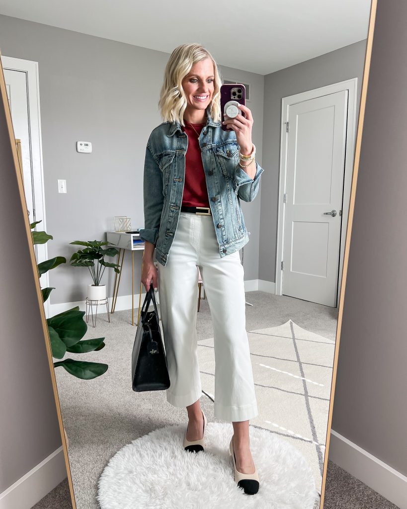 white wide legged pants with jean jacket
