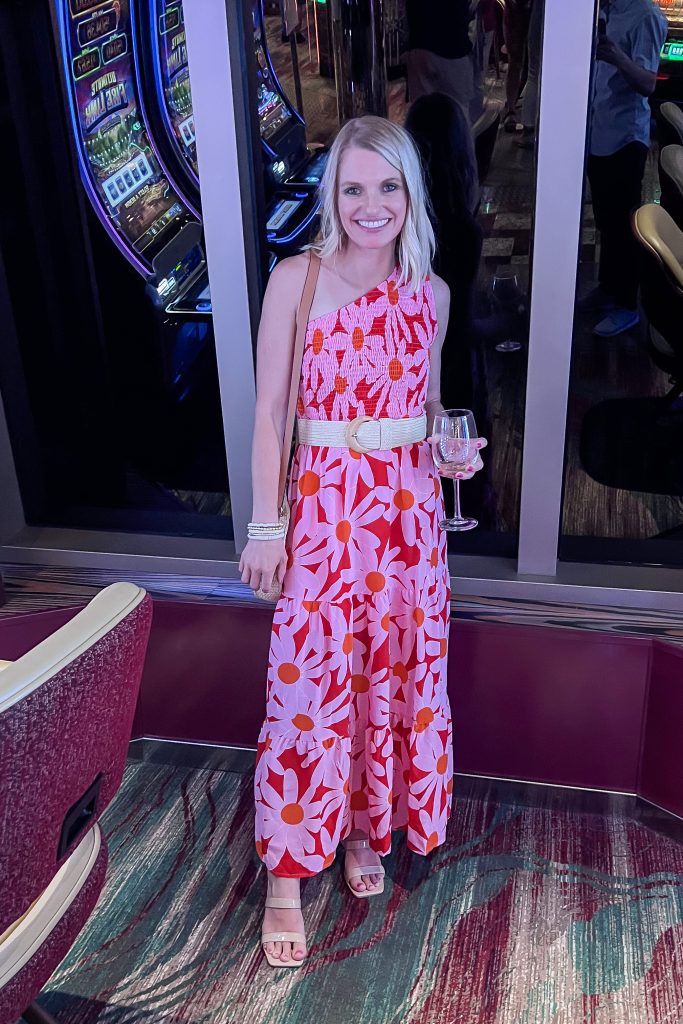 Elegant attire cruise outfit with a floral maxi dress.