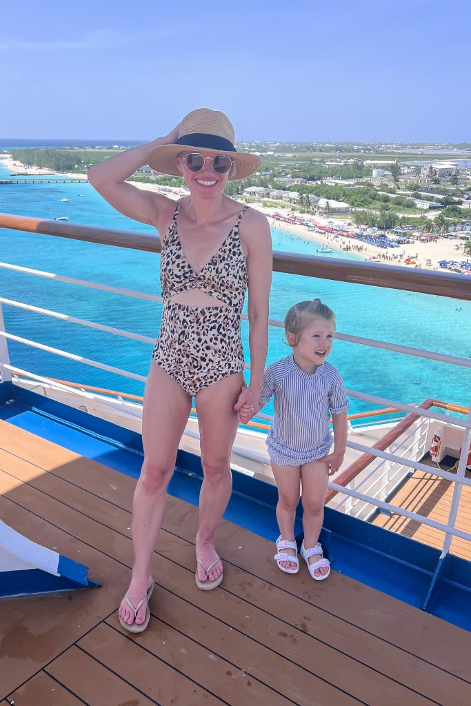 Mom-friendly one-piece bathing suit.
