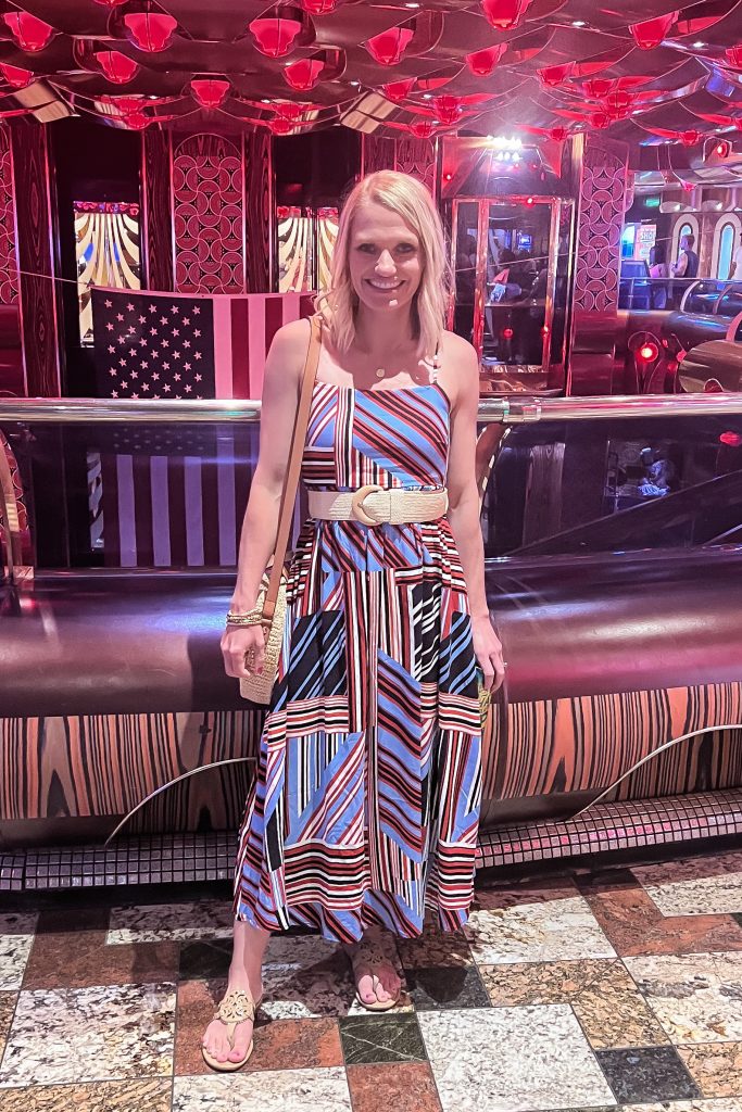 Cruise outfit with a red, white and blue dress.