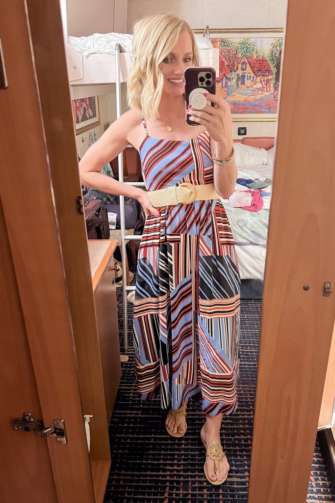 Cruise outfit with a red, white and blue dress.