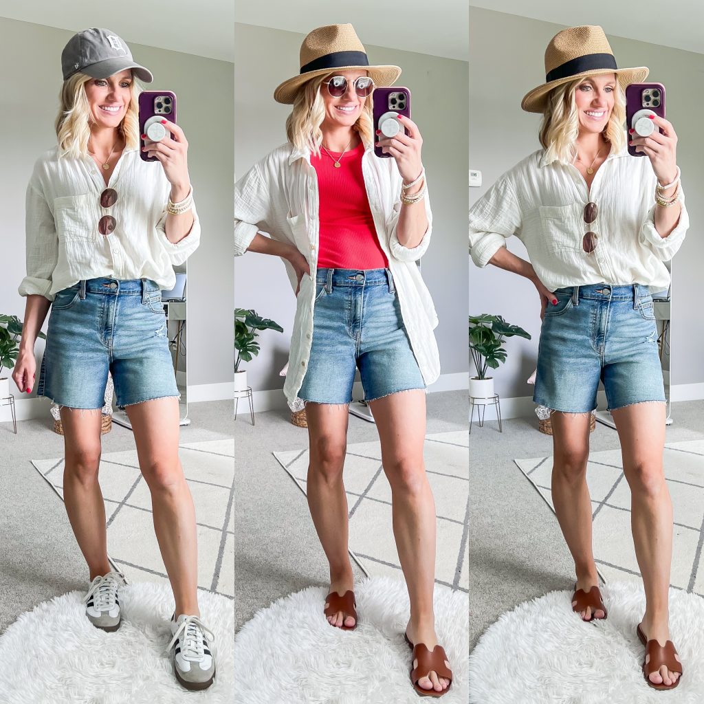 Summer Mom Capsule Wardrobe with white gauzy top styled three ways