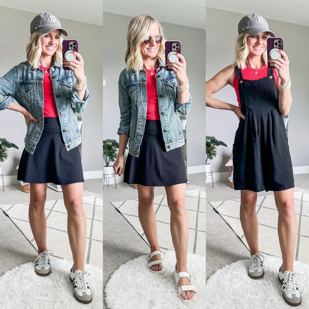 Summer Mom Capsule Wardrobe with red tank top styled three ways