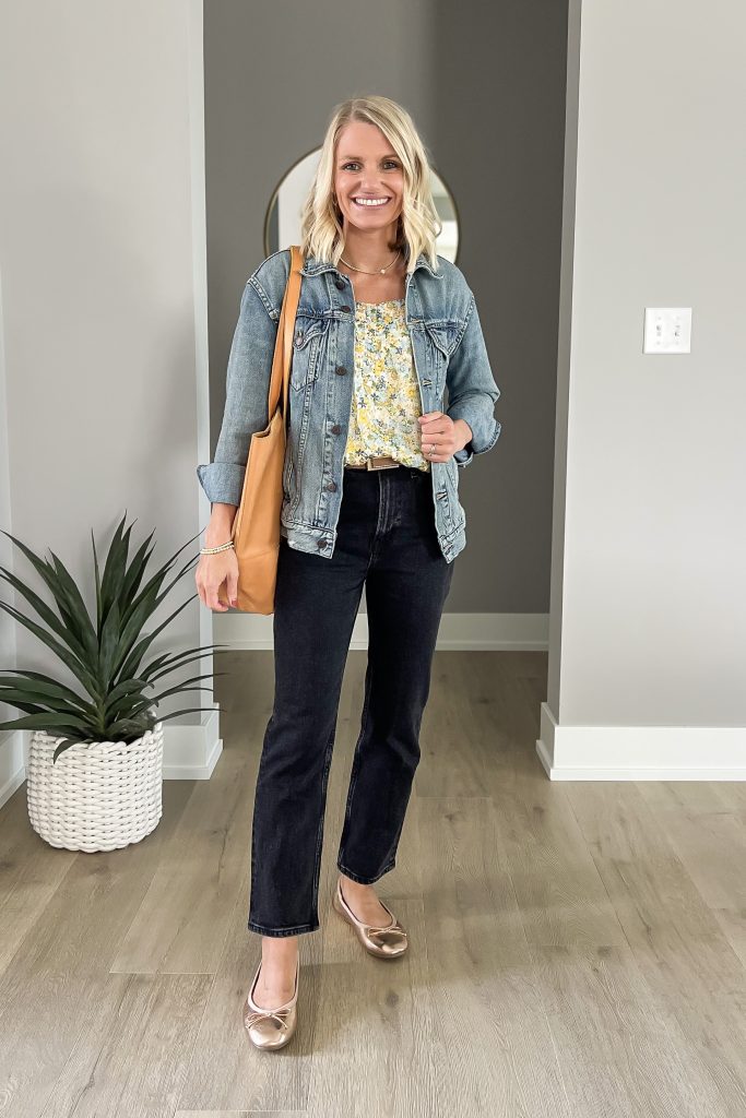 Statement blouse with a denim jacket and black jeans.