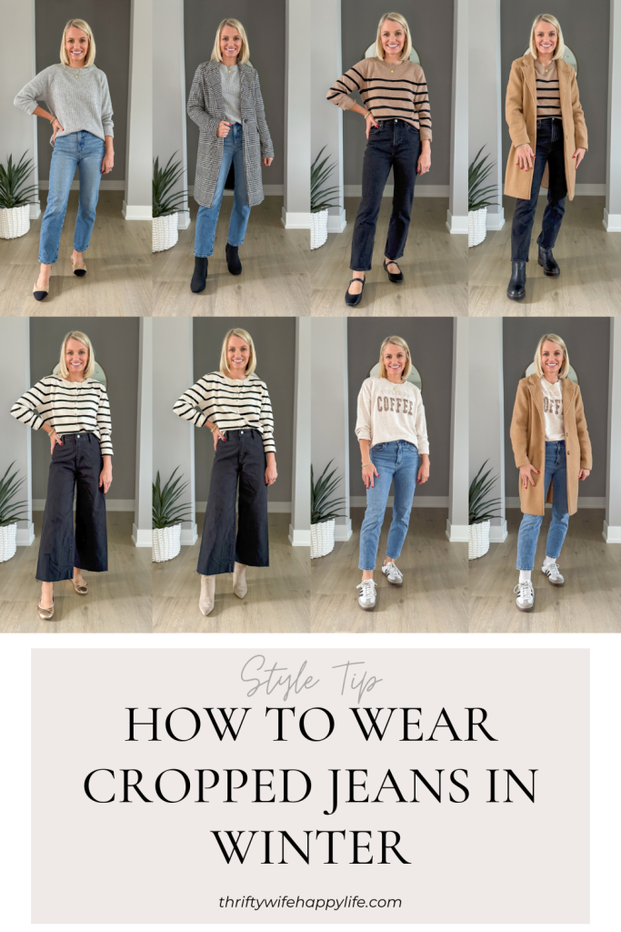 Outfits to show how to transition cropped jeans from fall to winter.