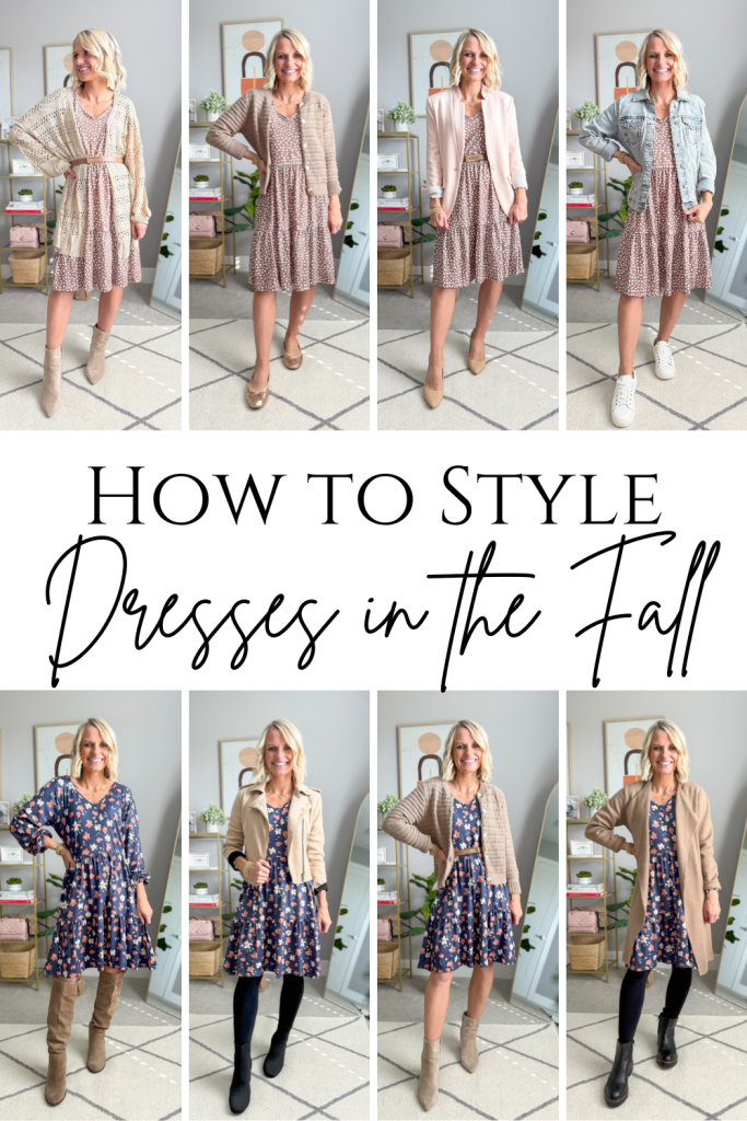 how to style dresses in the fall, eight outfit ideas with two affordable amazon dresses