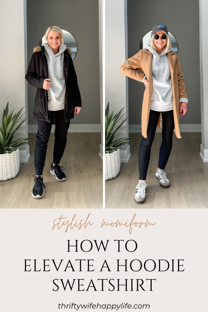 2 outfits wearing a hoodie sweatshirt. One has a black parka coat and second is elevated with a camel wool coat.