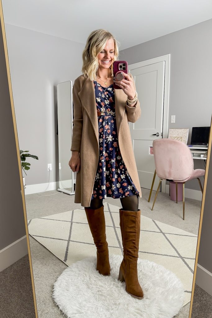 Fleece-lined tights with a dress and cardigan.