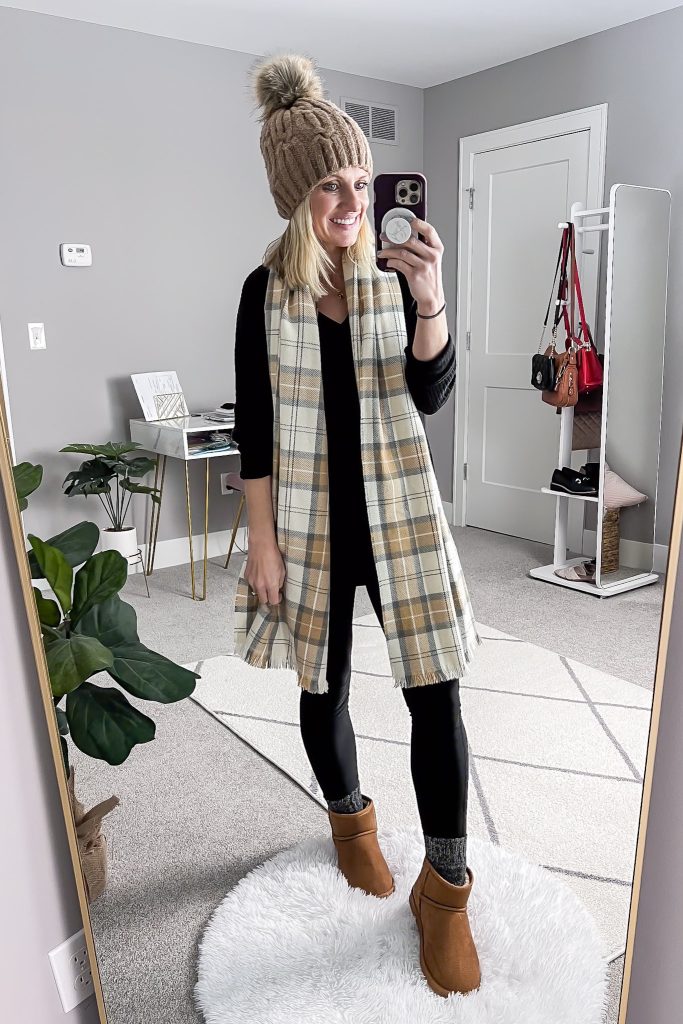 Plaid scarf with a tunic and leggings.