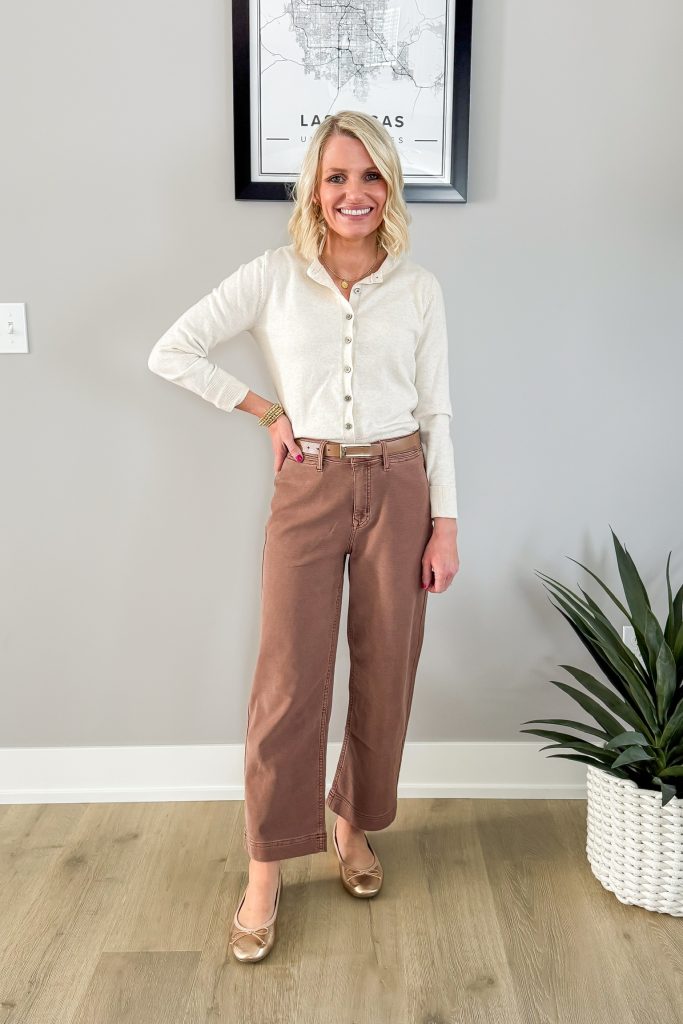 How to Wear Brown Pants with a cream cardigan and gold ballet flats