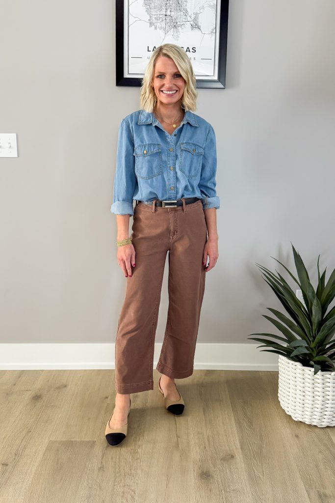 how to style brown pants with a chambray shirt and flats