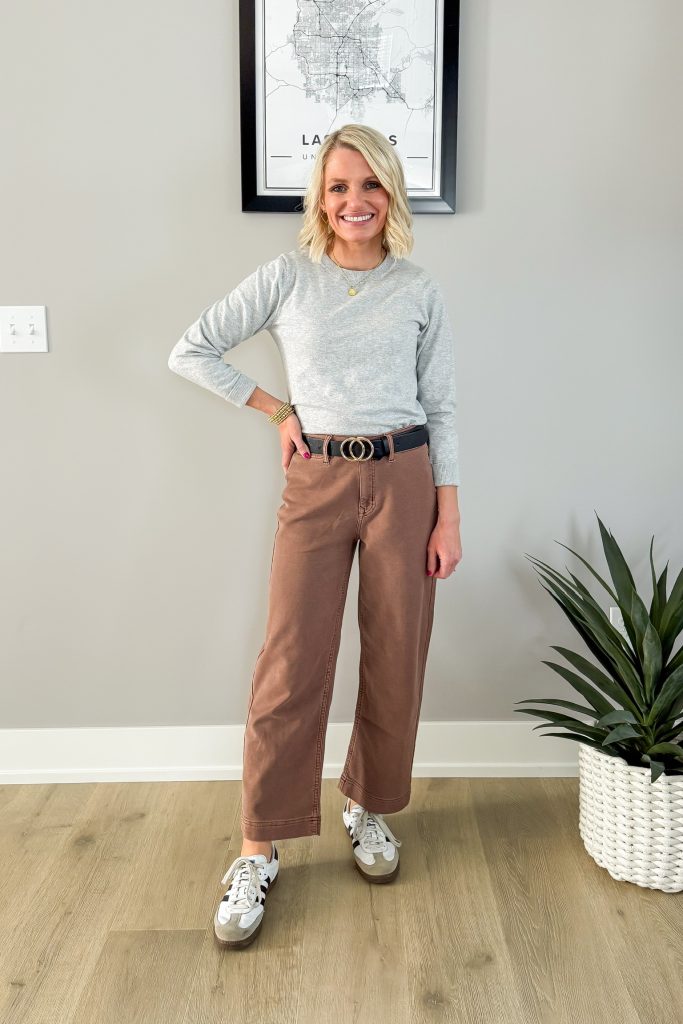 how to wear brown pants with a grey long sleeved shirt and sambas