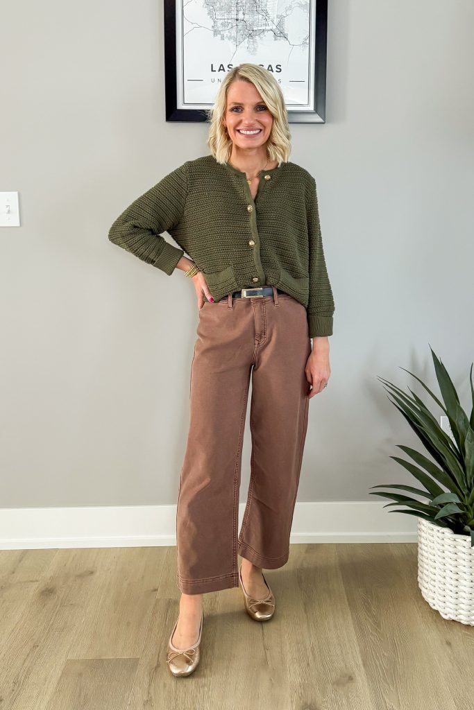 how to wear brown pants with a olive green cardigan and gold ballet flats outfit