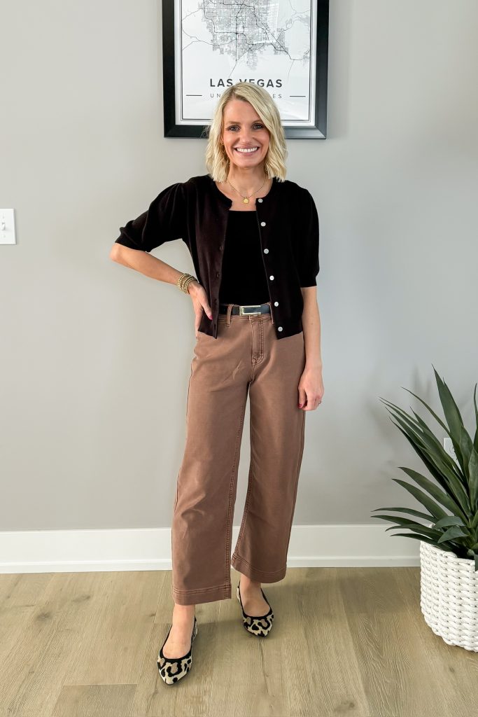How to style brown pants with a black cardigan set and leopard flats