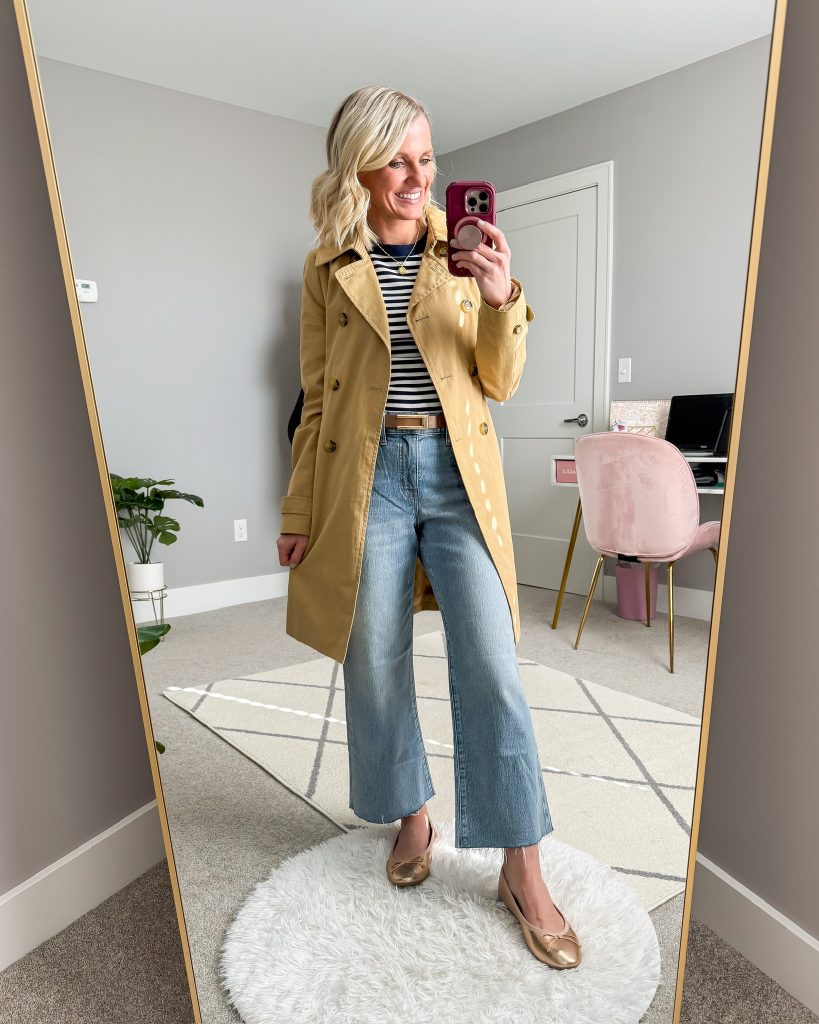 how to wear wide-leg pants for petites outfit with long coat and ballet flats