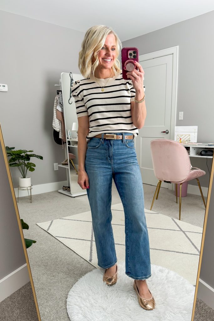 how to wear wide-leg pants for petites outfit idea with short-sleeved striped top