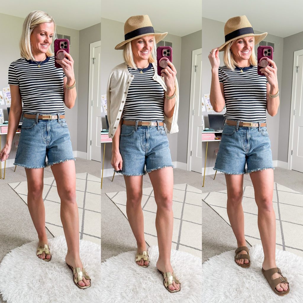 Summer mom capsule wardrobe three outfit with denim shorts and striped shirt