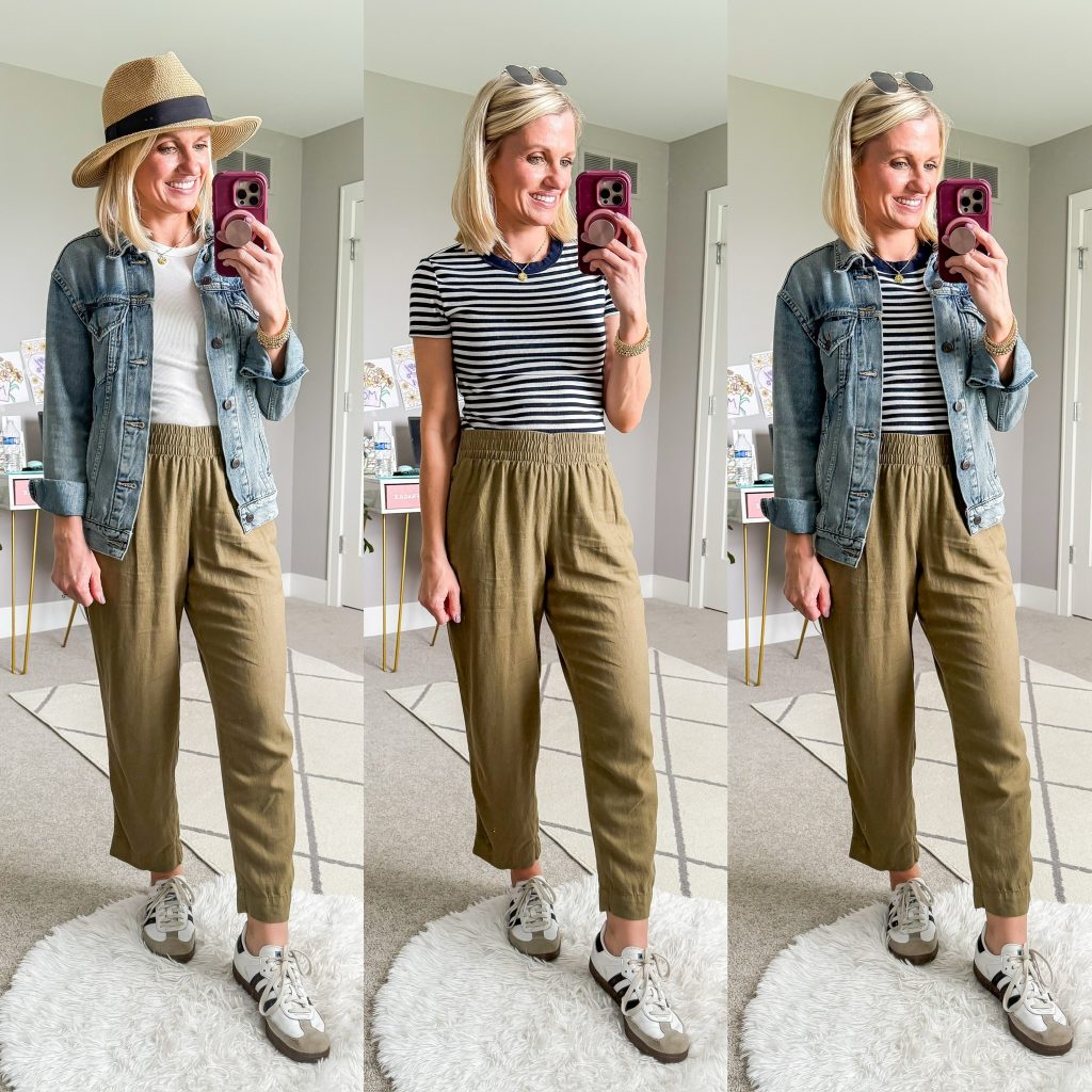 Summer mom capsule wardrobe outfit ideas with green pants
