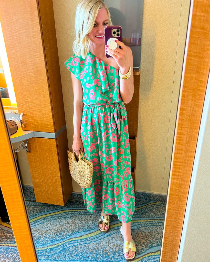 what to wear on a Caribbean cruise floral one shoulder dress