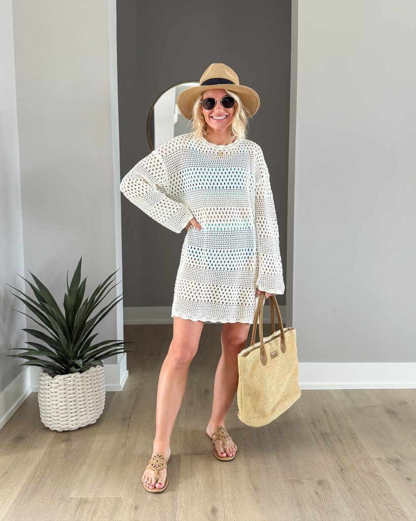 what to wear on a Caribbean cruise white swimsuit coverup with sun hat
