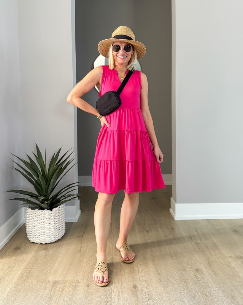 what to wear on a cruise hot pink dress and belt bag
