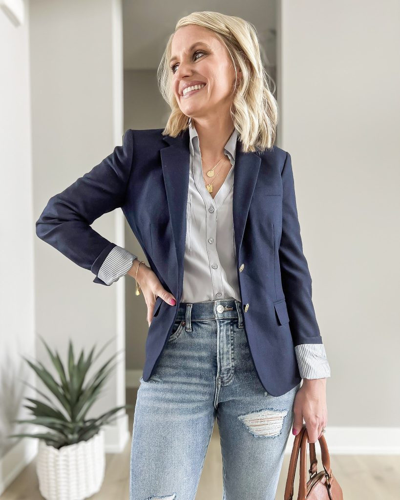 Thrifted navy J.Crew blazer worn with a button down shirt and jeans. 