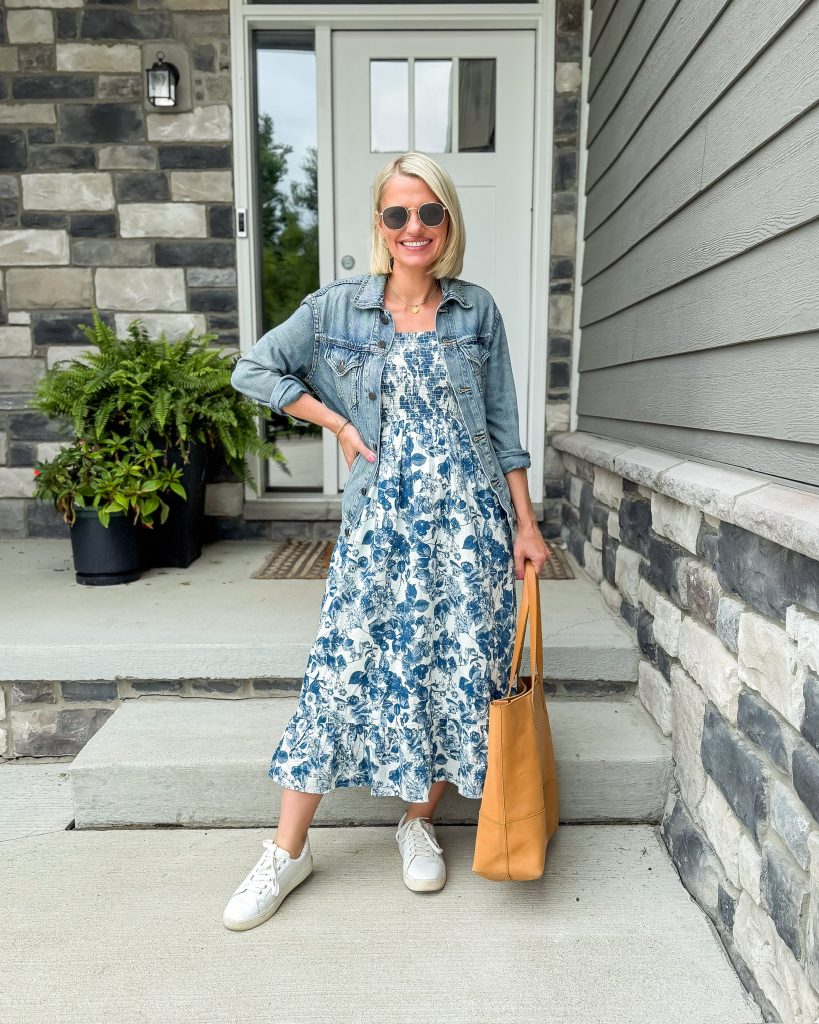 Easy Summer Mom Outfits floral maxi dress and denim jacket