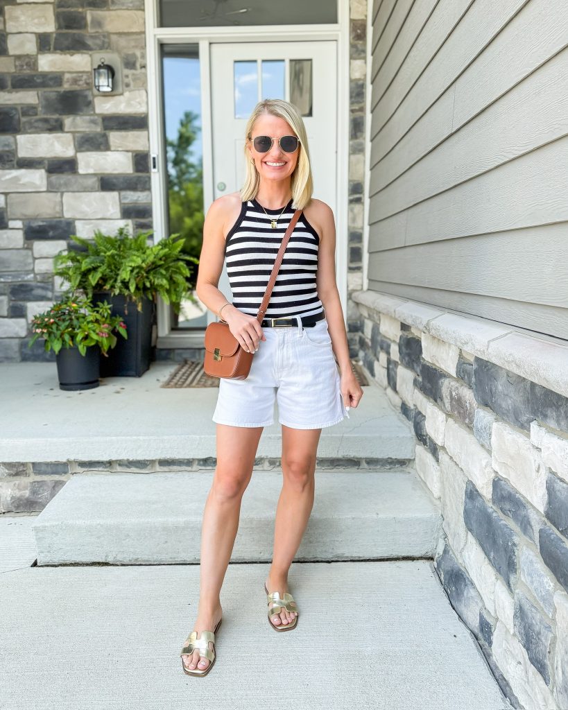 Easy Summer Mom Outfits white shorts and striped tank