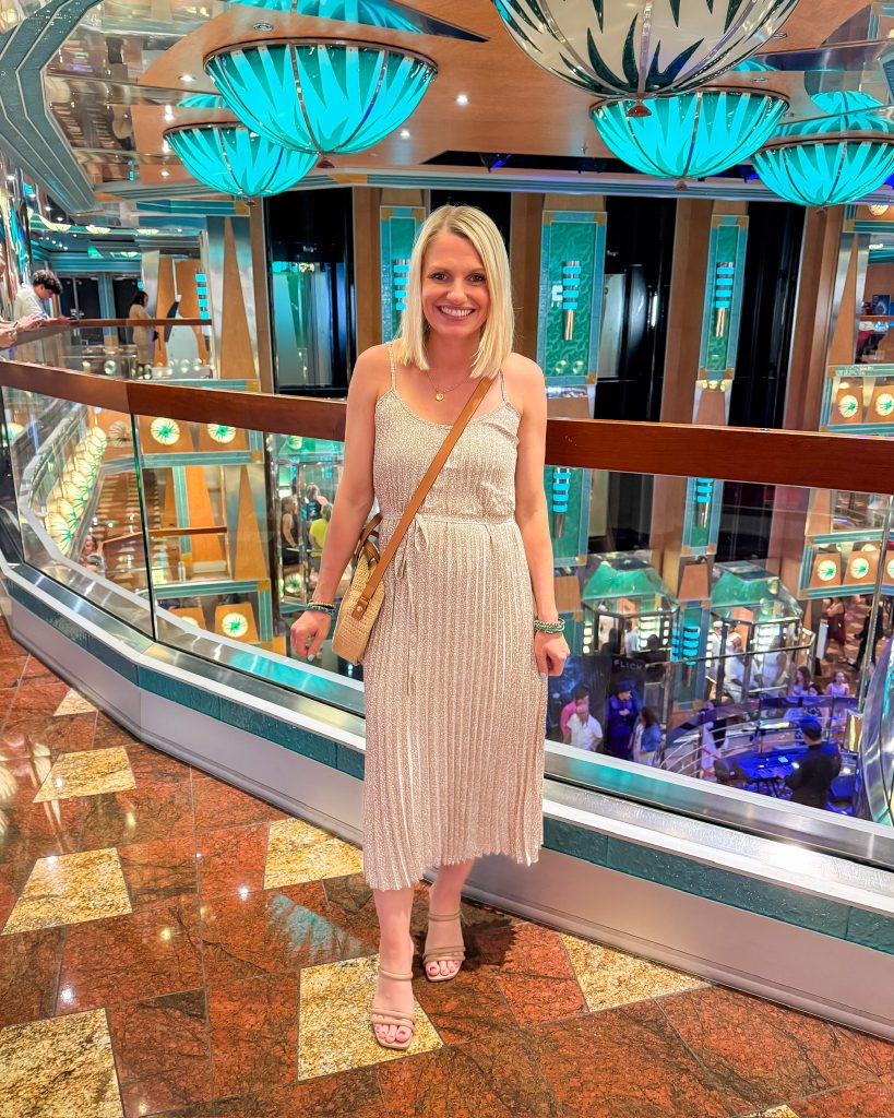 Caribbean cruise outfit ideas gold midi dress