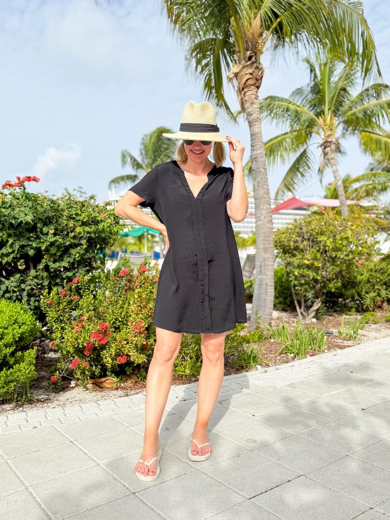 Caribbean cruise outfit ideas black coverup and straw hat