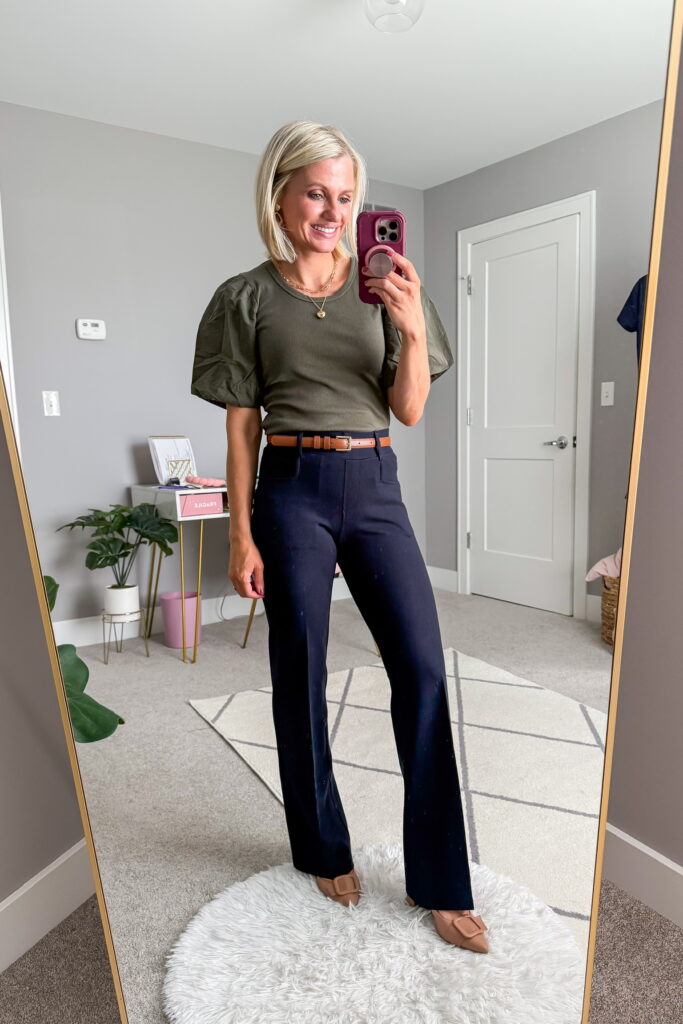 fall styles from 89th and madison flare jeans and green statement blouse