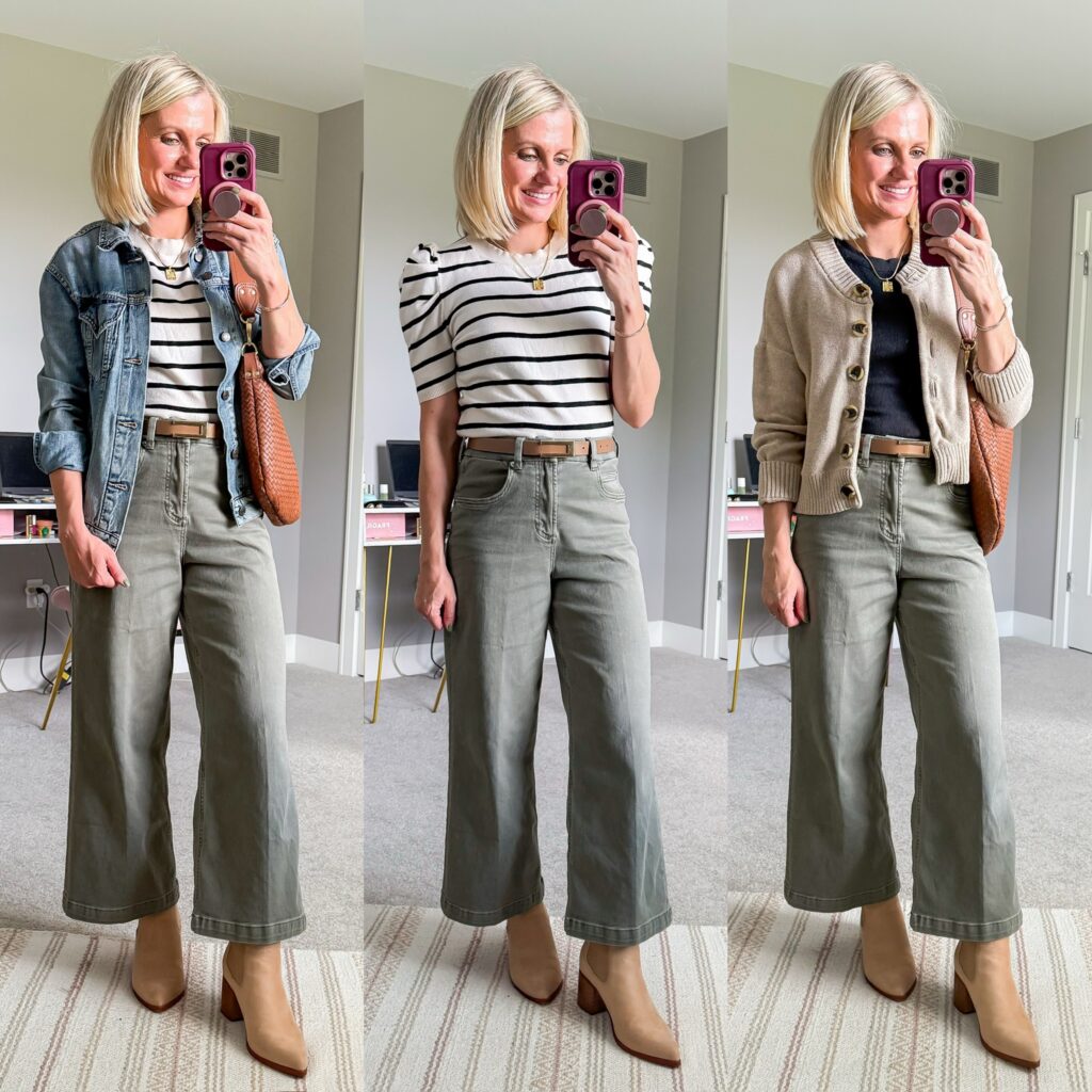 fall capsule wardrobe green wide leg pants outfits