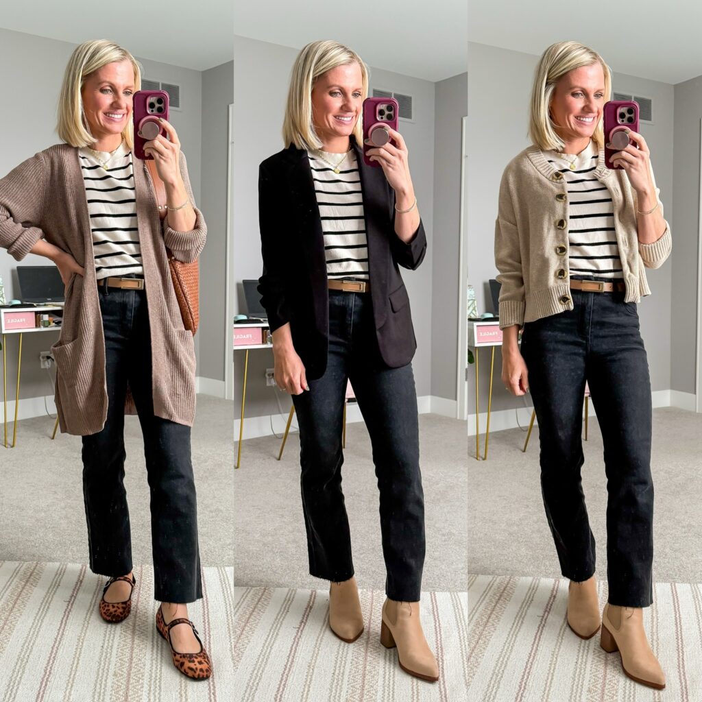 fall capsule wardrobe for moms three outfit ideas with black pants