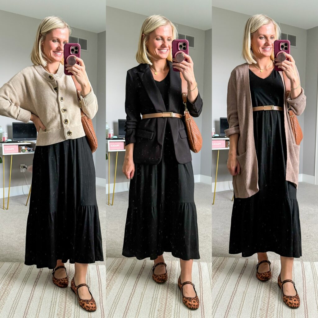 fall 2025 capsule wardrobe black dress styled three ways