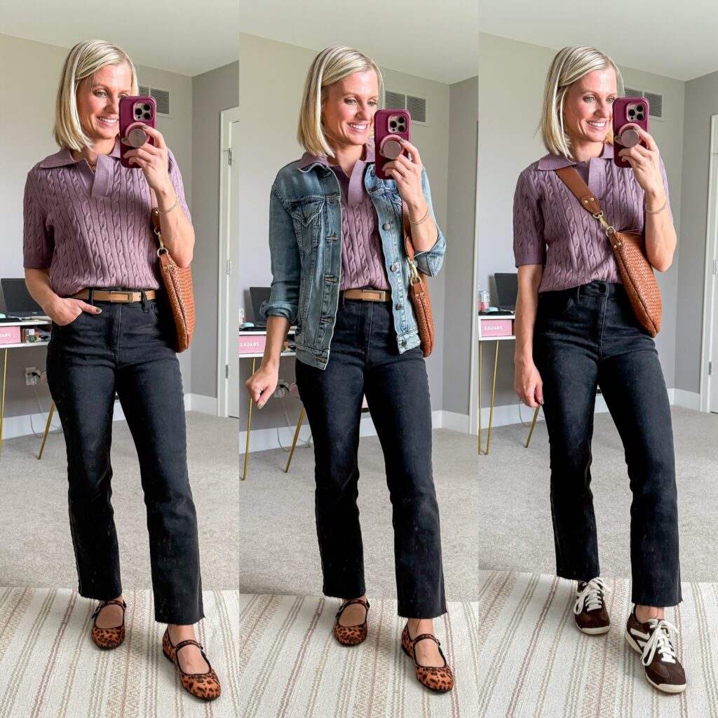 fall 2025 capsule wardrobe outfit ideas for moms with black jeans and short sleeved sweater