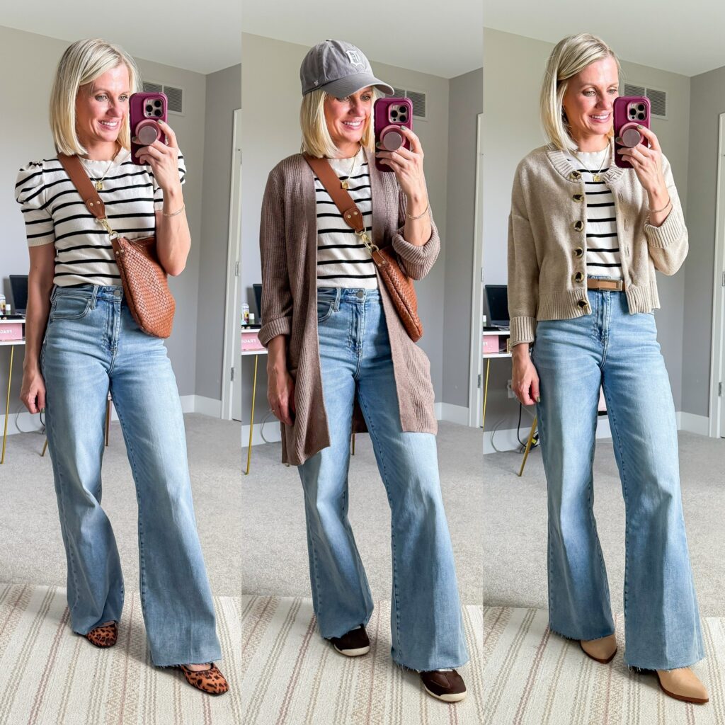 fall capsule wardrobe three outfits with a striped top