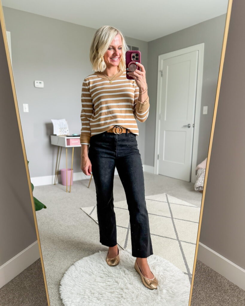 preschool teacher outfits for fall black jeans and striped sweater
