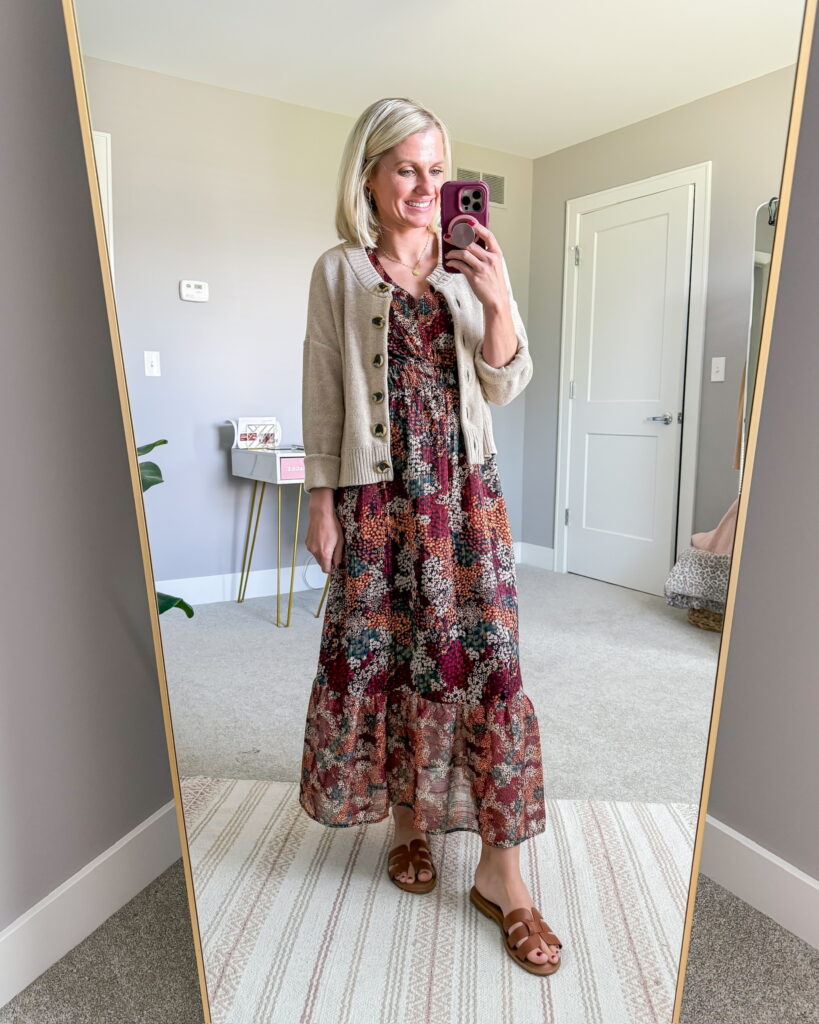 Fall dress with a cardigan and sandals
