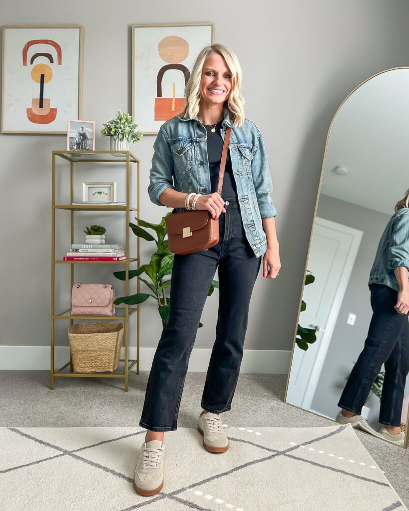 preschool teacher outfits for fall denim jacket and black jeans outfit