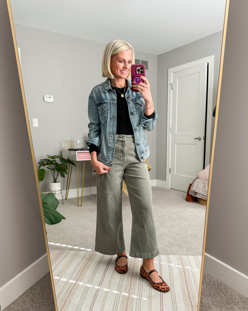 fall mom outfit wide leg green pants and denim jacket