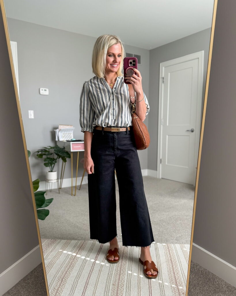 fall mom outfit wide leg jeans and blouse