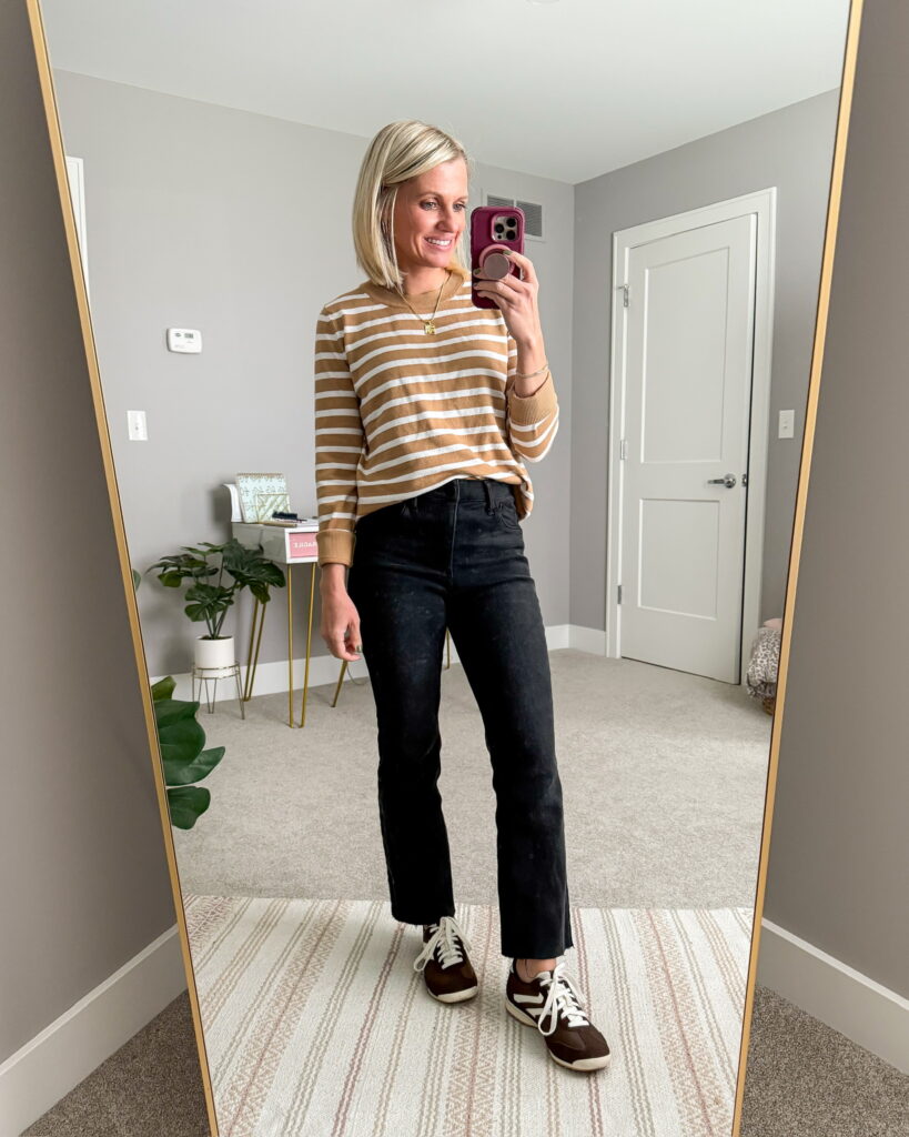 fall mom outfit idea black pants and striped long sleeved shirt