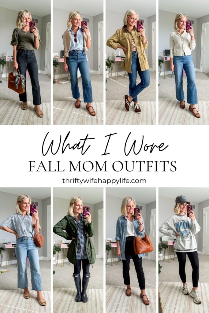 What I Wore: Fall Mom Outfits collage of 8 easy to copy outfits for moms