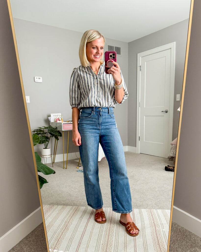 Fall mom outfit jeans and striped shirt