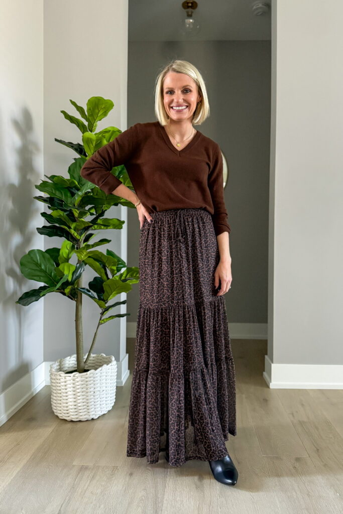 how to wear chocolate brown with a maxi skirt