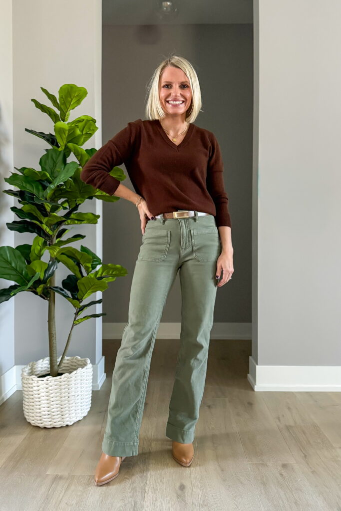 how to wear chocolate brown with green pants