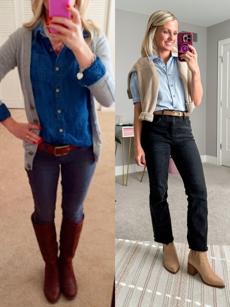 what I wore then vs. now updated riding boots and skinny jeans outfit