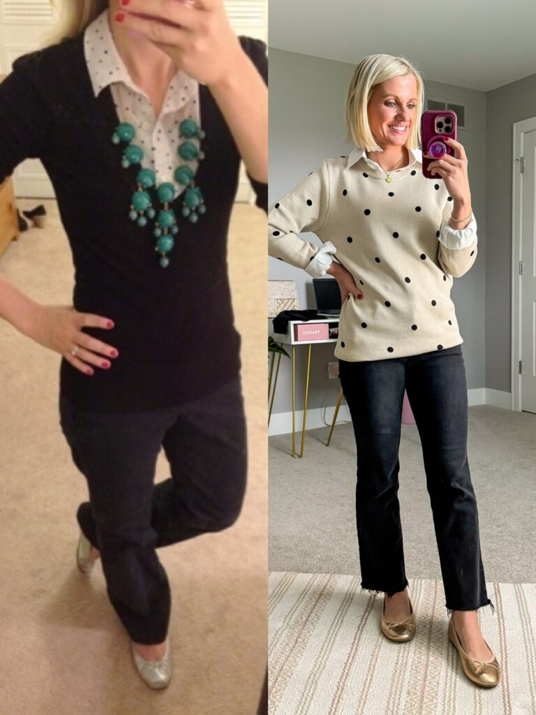 what I wore then vs. now updates outfit idea with black pants