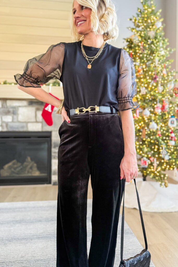 holiday party outfit black velour pants and statement blouse