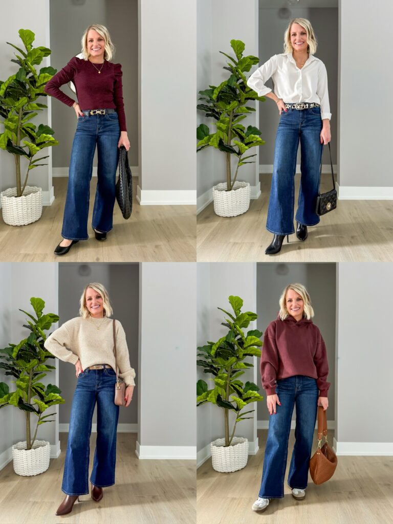 how to wear wide-leg jeans collage of four outfit ideas for women